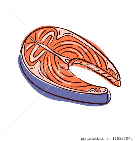 Salmon steak in flat style for restaurant menu. Slice of fish. Vector illustration isolated on a white background Salmon steak in flat style for restaurant menu. Slice of fish. Vector illustration isolated on a white background 116825043