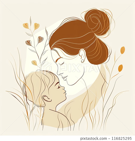 Beautiful minimalistic illustration of a mother lovingly gazing at her child, surrounded by delicate plant elements 116825295