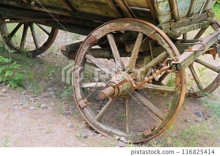 Vintage wooden cart. Traditional country vehicle in nature background. Vintage wooden cart. Traditional country vehicle in nature background. 116825414