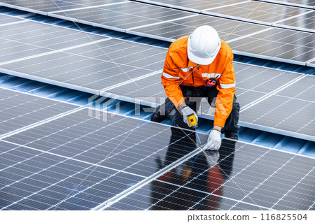 Professional Engineer Service Solar Panel. Worker Maintenance Cleaning Replacing Solar Panel. Solar photovoltaic panel system in Industry roof. Saving Energy with Clean Power. 116825504