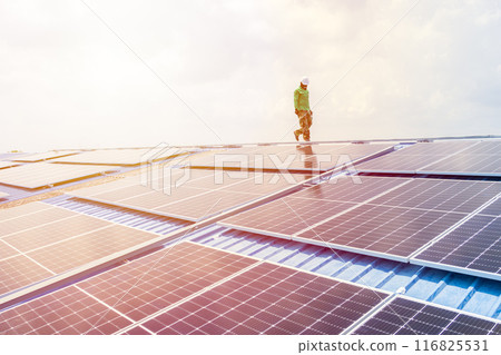 Professional Engineer Service Solar Panel. Worker Maintenance Cleaning Replacing Solar Panel. Solar photovoltaic panel system in Industry roof. Saving Energy with Clean Power. Professional Engineer Service Solar Panel. Worker Maintenance Cleaning Replacing Solar Panel. Solar photovoltaic panel system in Industry roof. Saving Energy with Clean Power. 116825531