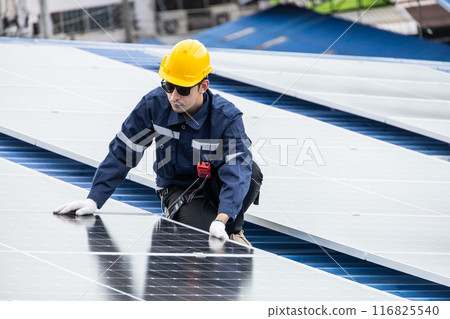 Professional Engineer Service Solar Panel. Worker Maintenance Cleaning Replacing Solar Panel. Solar photovoltaic panel system in Industry roof. Saving Energy with Clean Power. 116825540
