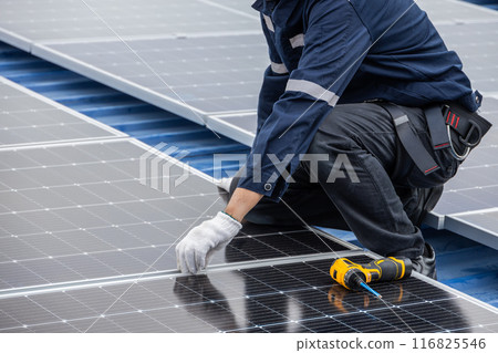 Professional Engineer Service Solar Panel. Worker Maintenance Cleaning Replacing Solar Panel. Solar photovoltaic panel system in Industry roof. Saving Energy with Clean Power. 116825546