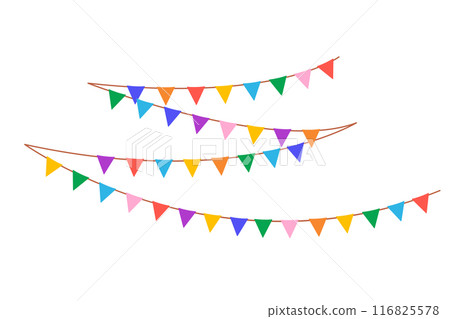 Retro buntings garlands isolated on white background. Hanging summer party garland for kids. Red and yellow flags. Vector illustration Retro buntings garlands isolated on white background. Hanging summer party garland for kids. Red and yellow flags. Vector illustration 116825578
