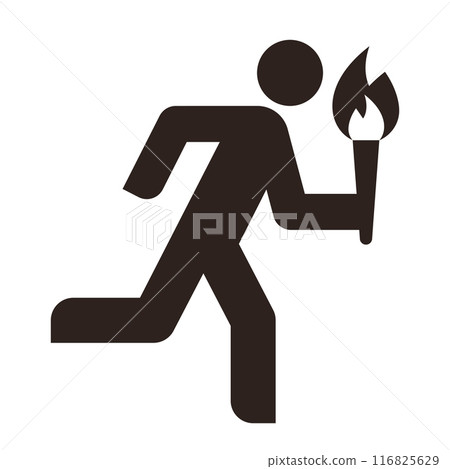 Running man with olympic torch icon. Torchbearer sign. Olympic flame symbol Running man with olympic torch icon. Torchbearer sign. Olympic flame symbol 116825629