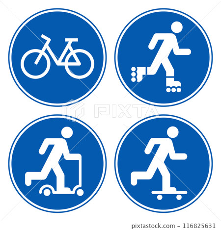 Bike, scooter icon, roller skate, inline skating symbol, road sign set 116825631
