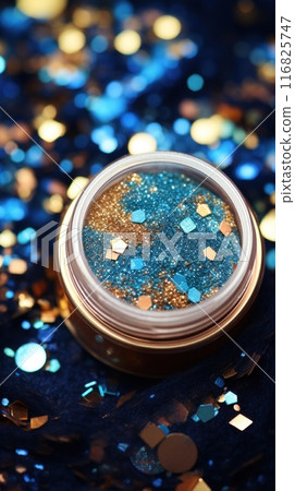 A jar of liquid azure and blue glitter, next to body jewelry. The colors creating a vibrant and natural aesthetic. A jar of liquid azure and blue glitter, next to body jewelry. The colors creating a vibrant and natural aesthetic. 116825747