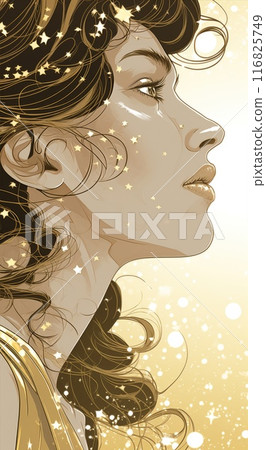 Young woman with stars in her hair, symbolizing beauty on a gold background 116825749