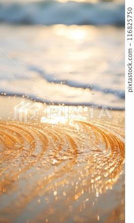 Golden sunset on the beach, reflected in waves, evokes tranquility. Ocean wave and gold sand 116825750