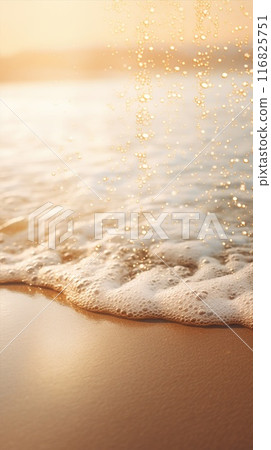 Golden sunset on the beach, reflected in waves, evokes tranquility in a coastal setting. Sea wave and gold sand, perfect for relaxation Golden sunset on the beach, reflected in waves, evokes tranquility in a coastal setting. Sea wave and gold sand, perfect for relaxation 116825751