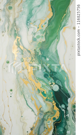 An elegant abstract art featuring a flowing green and gold marble pattern against a fluid background 116825756