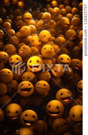 A stack of smiley faces made from glowing yellow plastic is sitting on top of each other. Happy emotions abstract background wallpaper 116825757