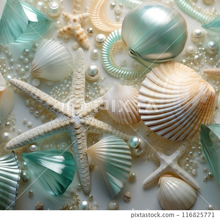 Seashells and starfish on azure background. Abstract sea wallpaper Seashells and starfish on azure background. Abstract sea wallpaper 116825771