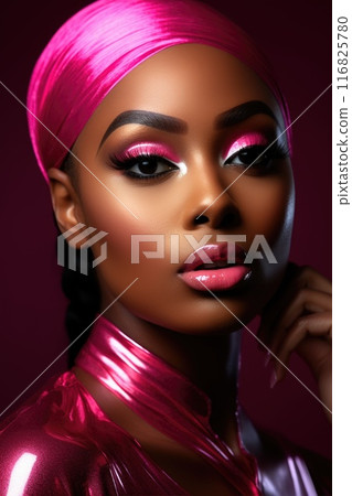 Portrait closeup of beautiful black woman. Fashion girl with stylish makeup. Metallic lips and eyeshadows. Bright pink color palette 116825780
