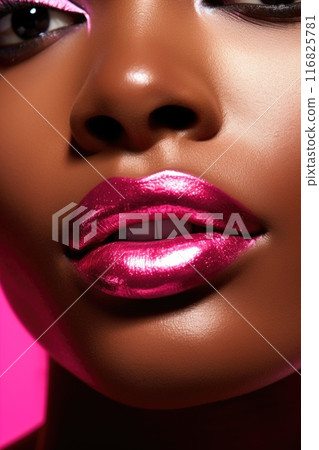 Portrait of beautiful black woman. Girl with stylish makeup. Metallic pink lips. Portrait of beautiful black woman. Girl with stylish makeup. Metallic pink lips. 116825781