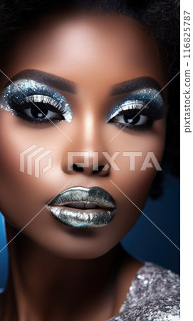 Closeup of beautiful black woman. Stylish metallic makeup. Glossy skin and silver metallic eyeshadows. Fashion portrait african american girl 116825787