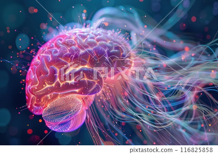Majestic underwater scene with a glowing pink jellyfish brain floating in the deep blue sea 116825858