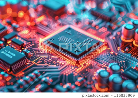 Close-up of a computer chip on a circuit board with orange backlight Close-up of a computer chip on a circuit board with orange backlight 116825909