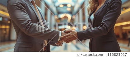 Professional Colleagues in Business Attire Shaking Hands at Modern Office Building 116825917