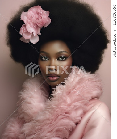 Portrait closeup of beautiful black woman. Beauty african face. Perfect shiny skin. Fashion model girl with pink make-up and african curls lush hairstyle 116826050
