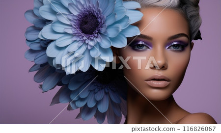 Pretty woman with bright lavender makeup. Beautiful girl with light violet flowers. Young model with healthy clean skin. 116826067