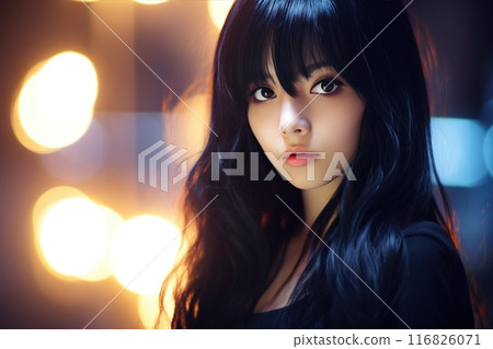 A woman with black long hair and bangs. Portrait of a young model. A beautiful girl with a face dollike shows off her hairstyle A woman with black long hair and bangs. Portrait of a young model. A beautiful girl with a face dollike shows off her hairstyle 116826071