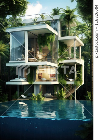 A modern house concept with a swimming pool surrounded by palm trees, under blue sky in a residential area. The building material of the facade reflects luxury real estate A modern house concept with a swimming pool surrounded by palm trees, under blue sky in a residential area. The building material of the facade reflects luxury real estate 116826084