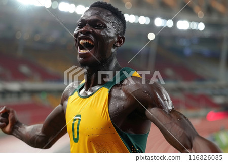 Ecstatic African Athlete Celebrating Victory in Major Track and Field Event Ecstatic African Athlete Celebrating Victory in Major Track and Field Event 116826085