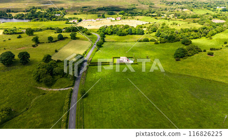 Aerial view of the A47 at Rosscor Bridge, the Boa Island Road, in Enniskillen, Northern Ireland 116826225