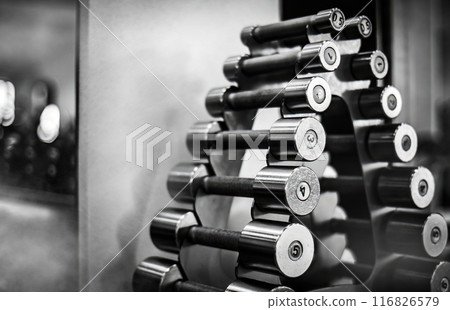 dumbbells in a different weights standing in a modern gym dumbbells in a different weights standing in a modern gym 116826579