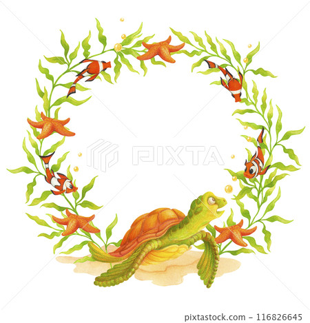 A round wreath with isolated sea turtle, clown fish, starfish and seaweeds. Underwater life frame or border. Watercolor composition for beach accessories design, prints, travel banner decoration, card A round wreath with isolated sea turtle, clown fish, starfish and seaweeds. Underwater life frame or border. Watercolor composition for beach accessories design, prints, travel banner decoration, card 116826645