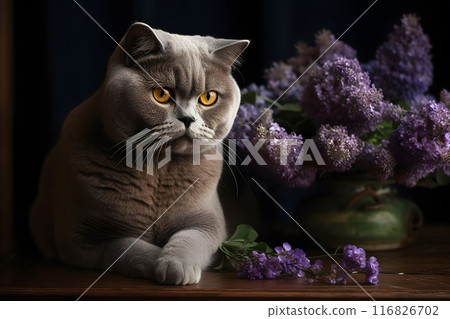 Grey British cat and flowers. Neural network AI generated art Grey British cat and flowers. Neural network AI generated art 116826702
