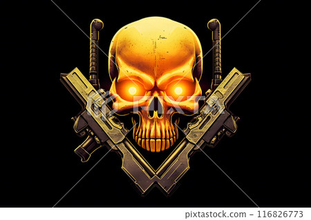 Yellow punk cyber human skull with weapon. Neural network AI generated art 116826773