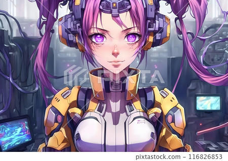 Portrait of a beautiful girl with purple hair in anime style. Neural network AI generated art 116826853