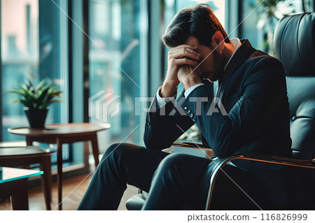 Businessman seated in his chair and thinking. Businessman seated in his chair and thinking. 116826999