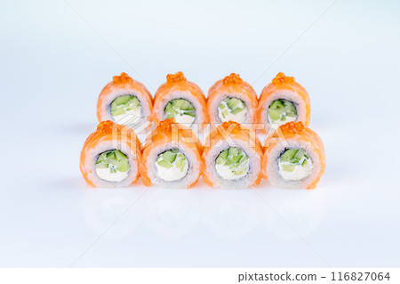 Philadelphia sushi roll with red caviar and salmon, roll for a food delivery site on a white background 116827064