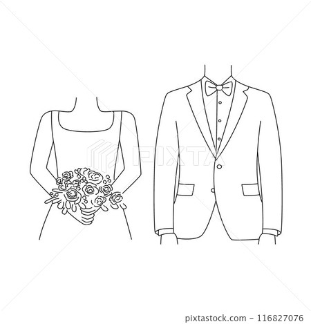 Wedding photography of bride and groom at wedding ceremony vector line, beautiful wedding couple Wedding photography of bride and groom at wedding ceremony vector line, beautiful wedding couple 116827076