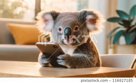 一隻可愛的無尾熊在客廳裡使用智慧型手機。 116827185