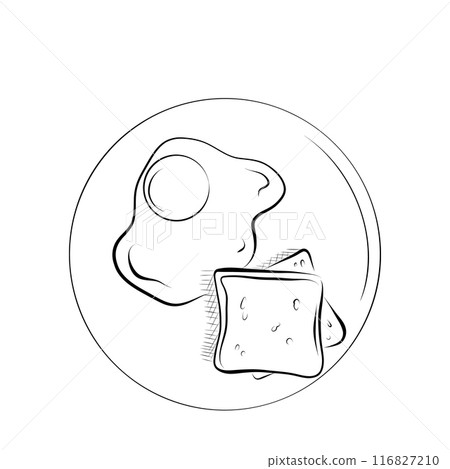 drawing lines. line art plate with breakfast eggs, bread. Vector minimalistic 116827210