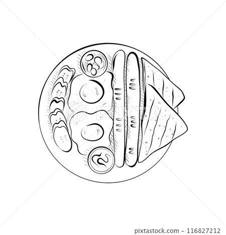 drawing lines. line art plate with breakfast eggs, bread, sausages, cucumber, sauce. Vector minimalistic 116827212