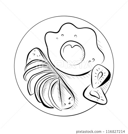 drawing lines. line art plate with breakfast eggs, bread with cheese, avocado. Vector minimalistic 116827214