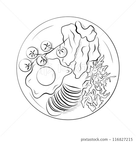 drawing lines. line art plate with breakfast eggs, bacon, bread, tomatoes, greens. Vector minimalistic 116827215
