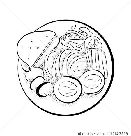 drawing lines. line art plate with breakfast eggs, bacon, bread, tomatoes, greens. Vector minimalistic 116827219