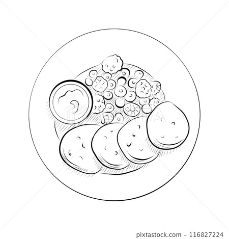 drawing lines. line art plate with cheesecakes pancakes and berries. Vector 116827224