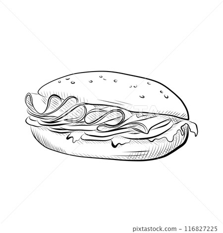 drawing lines. art-line sandwich with ham, greens, cheese. Vector drawing lines. art-line sandwich with ham, greens, cheese. Vector 116827225