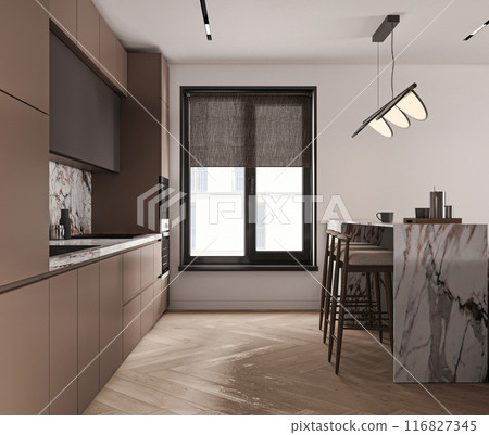 Modern open plan living space with integrated kitchen, featuring a marble island and unique lighting, 3d rendering 116827345