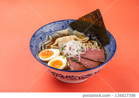 Portion of japanese ramen with pastrami and egg Portion of japanese ramen with pastrami and egg 116827386