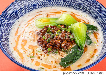 Portion of japanese tantanmen ramen with bok choy Portion of japanese tantanmen ramen with bok choy 116827388
