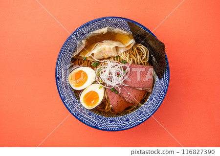 Portion of japanese ramen with pastrami and egg Portion of japanese ramen with pastrami and egg 116827390