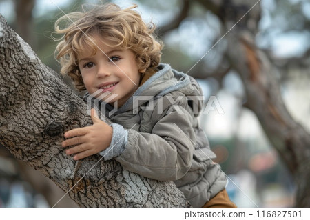 Smiling toddler boy playing in the spring garden near the flowering tree 116827501